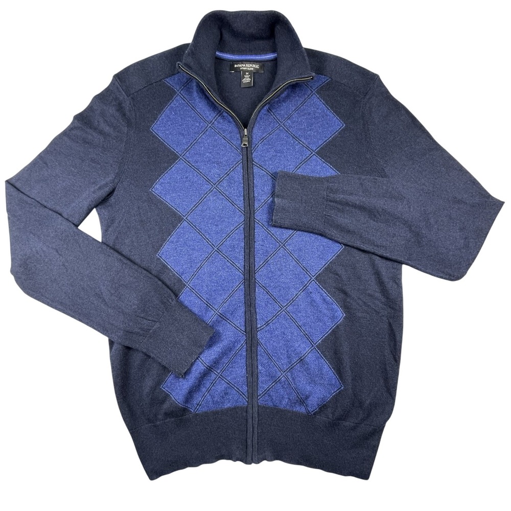 Banana Republic Sweater Mens M Blue Argyle Full Zip Luxury Silk Cotton Cashmere